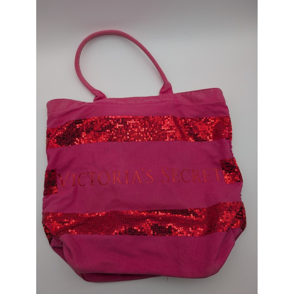 Victoria's Secret Pink Canvas Sequin Stripe Tote Bag Embroidered Logo